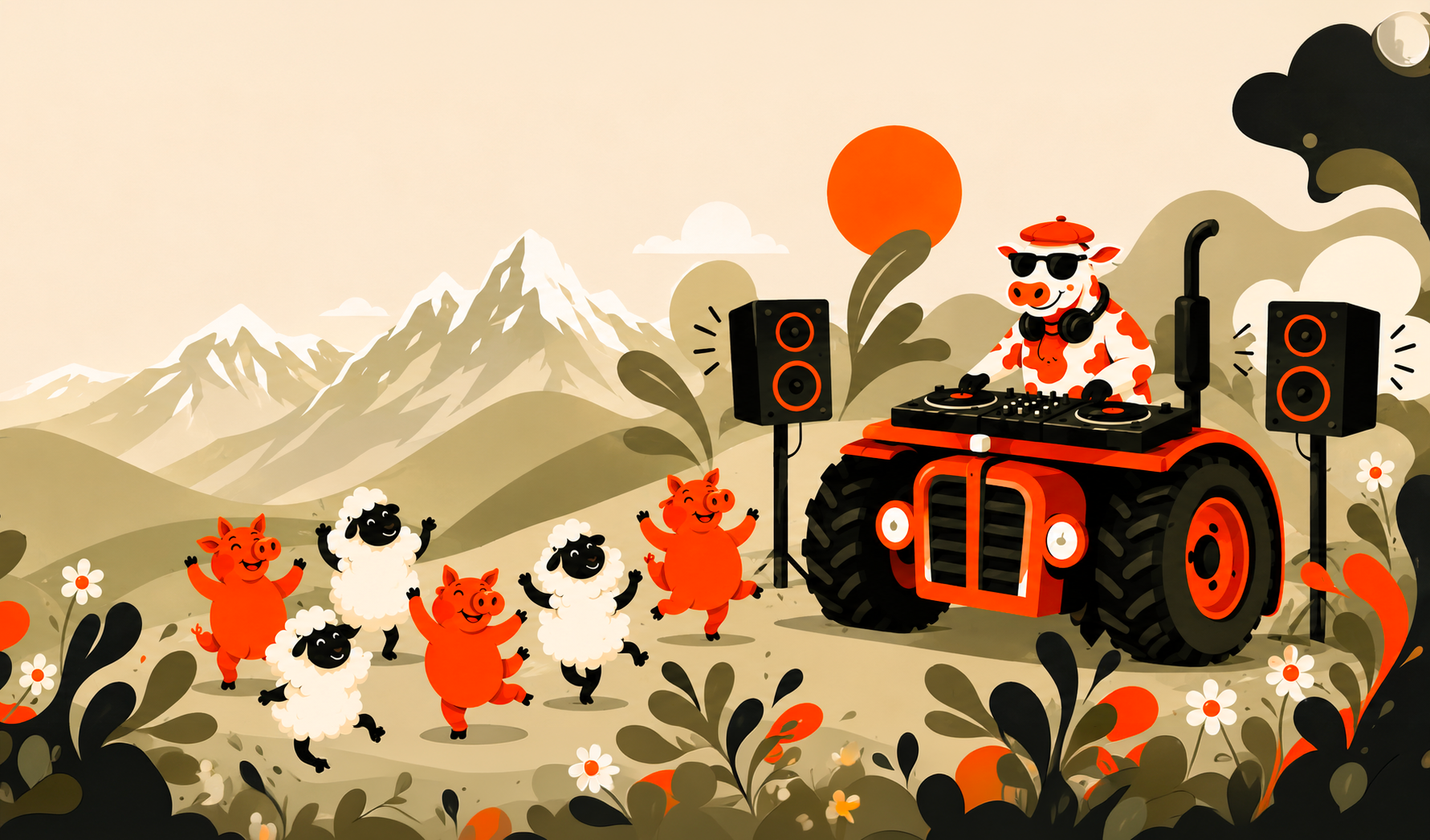 Illustration : la vache mascotte de L'Anglais des Pyrénées mixe aux platines sur un tracteur, entourée de moutons et de cochons qui dansent, devant les collines des Pyrénées.